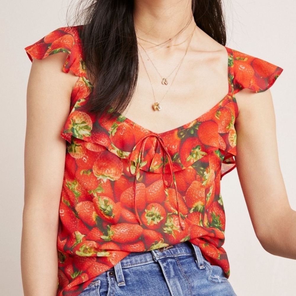 Anthropologie Womens Top 6 Red Strawberry Ruffle Picnic Sheer Whimsical Fruit